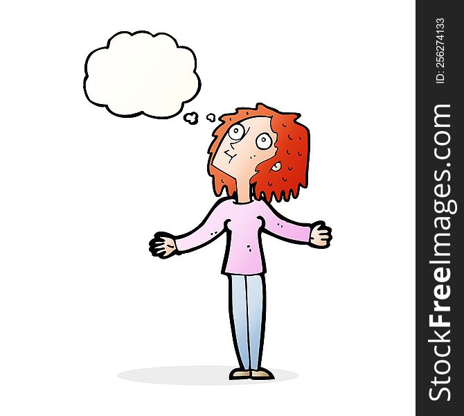 Cartoon Curious Woman Looking Upwards With Thought Bubble