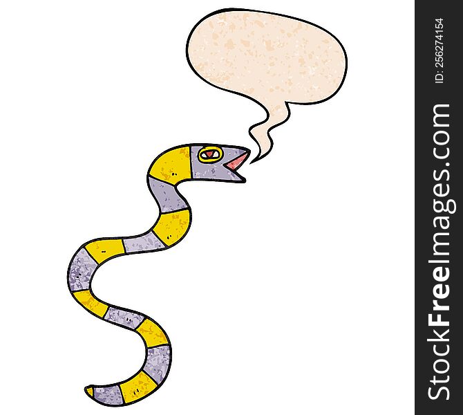 hissing cartoon snake with speech bubble in retro texture style