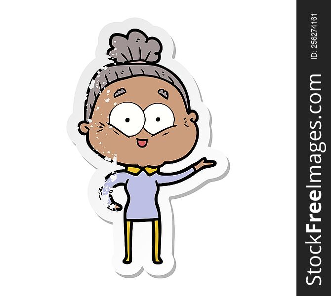 distressed sticker of a cartoon happy old woman