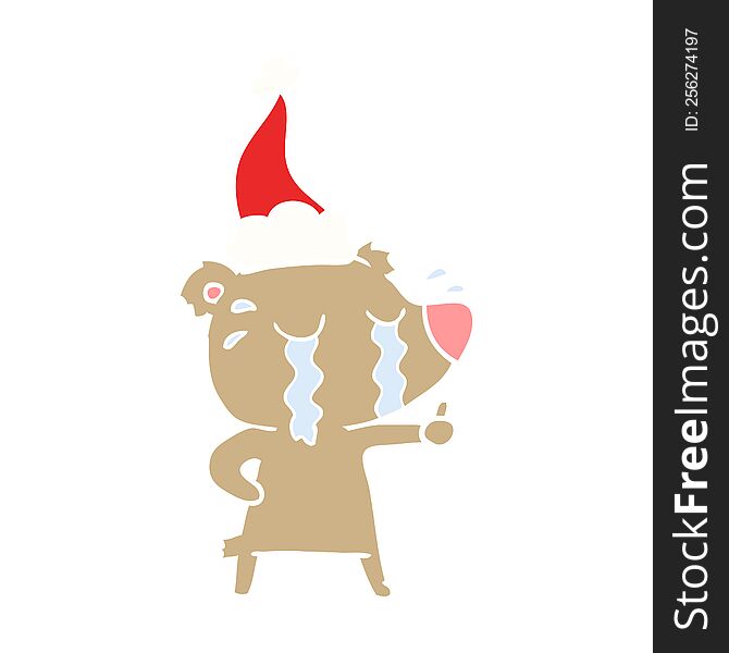 Flat Color Illustration Of A Crying Bear Wearing Santa Hat