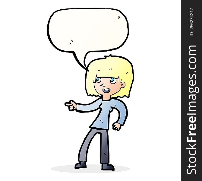 cartoon girl pointing with speech bubble
