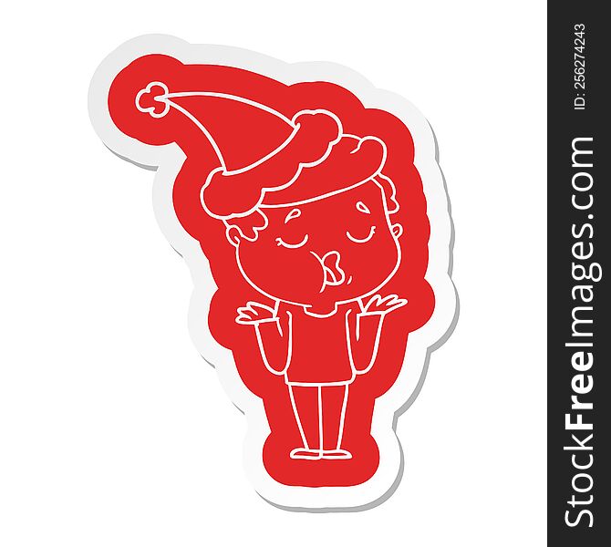 quirky cartoon  sticker of a man talking and shrugging shoulders wearing santa hat