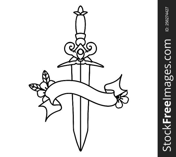 traditional black linework tattoo with banner of a dagger. traditional black linework tattoo with banner of a dagger