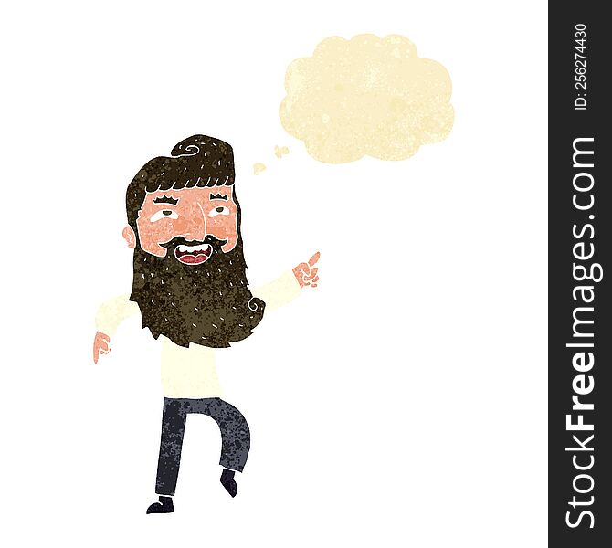 cartoon man with beard laughing and pointing with thought bubble