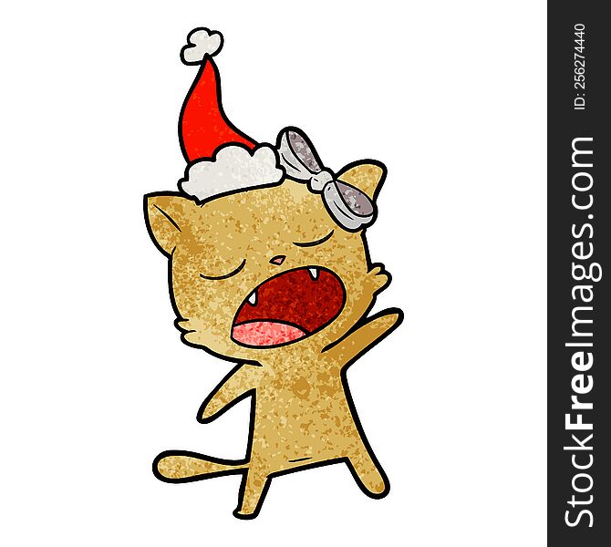 Textured Cartoon Of A Singing Cat Wearing Santa Hat