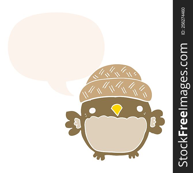 cute cartoon owl in hat with speech bubble in retro style