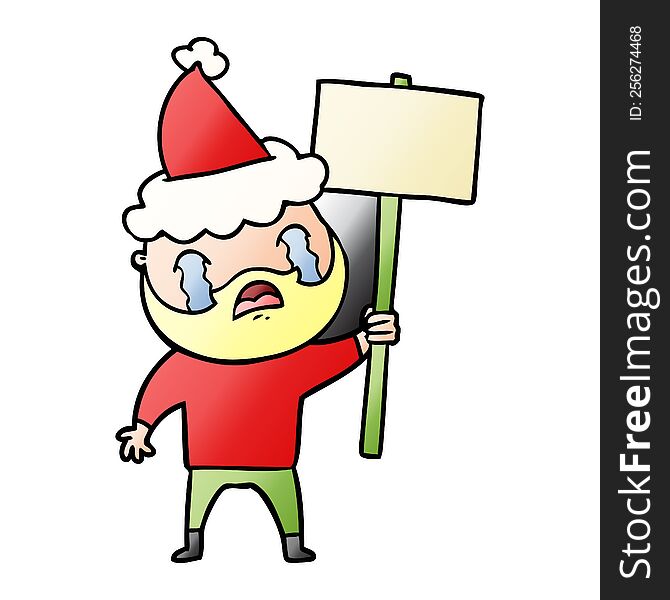 Gradient Cartoon Of A Bearded Protester Crying Wearing Santa Hat