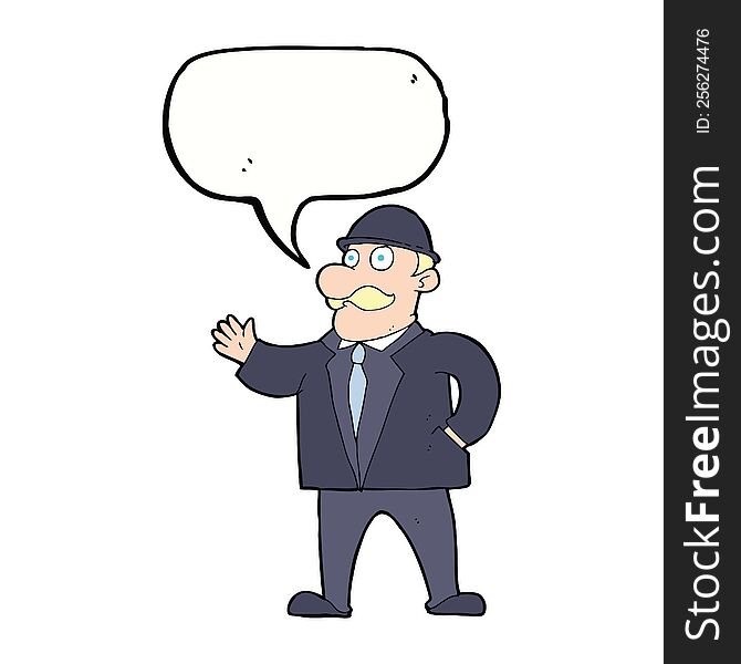 cartoon sensible business man in bowler hat with speech bubble