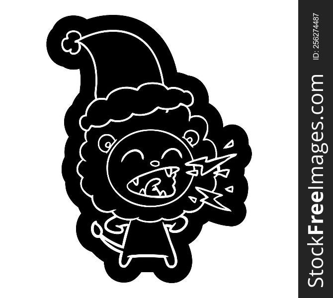 Cartoon Icon Of A Roaring Lion Wearing Santa Hat