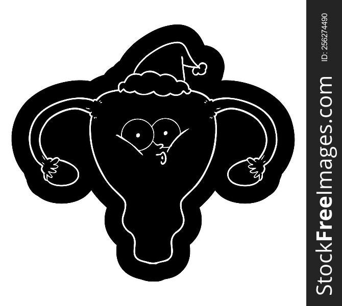 quirky cartoon icon of a uterus wearing santa hat