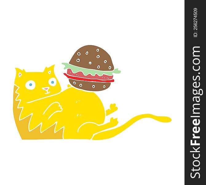 Flat Color Illustration Of A Cartoon Fat Cat With Burger