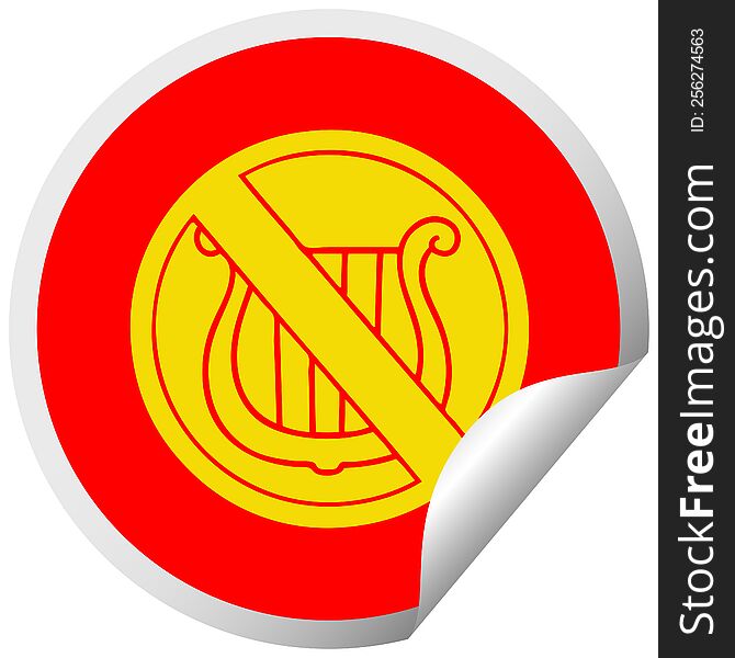 circular peeling sticker cartoon of a no music allowed sign