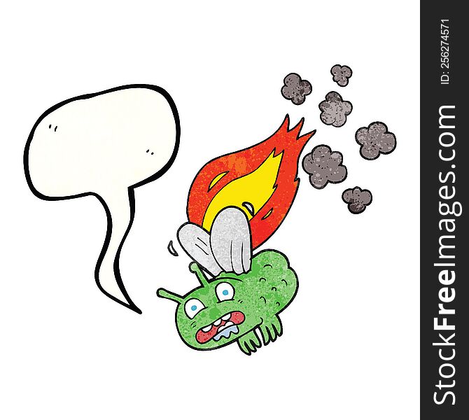 freehand speech bubble textured cartoon fly crashign and burning. freehand speech bubble textured cartoon fly crashign and burning