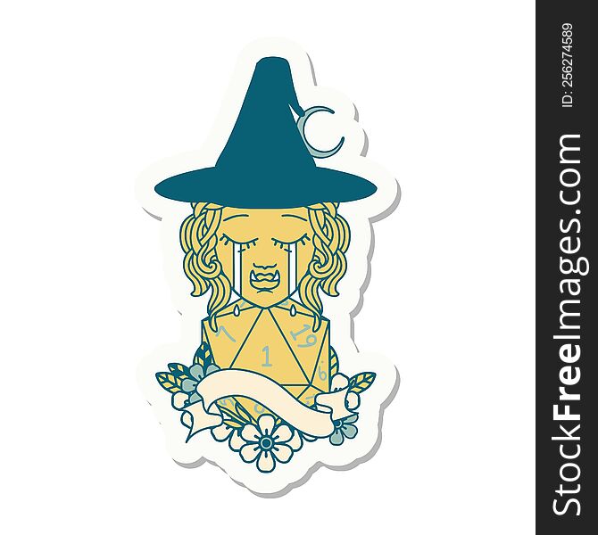 sticker of a crying orc witch with natural one D20 roll. sticker of a crying orc witch with natural one D20 roll