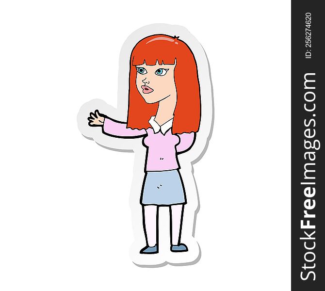 sticker of a cartoon woman gesturing to show something