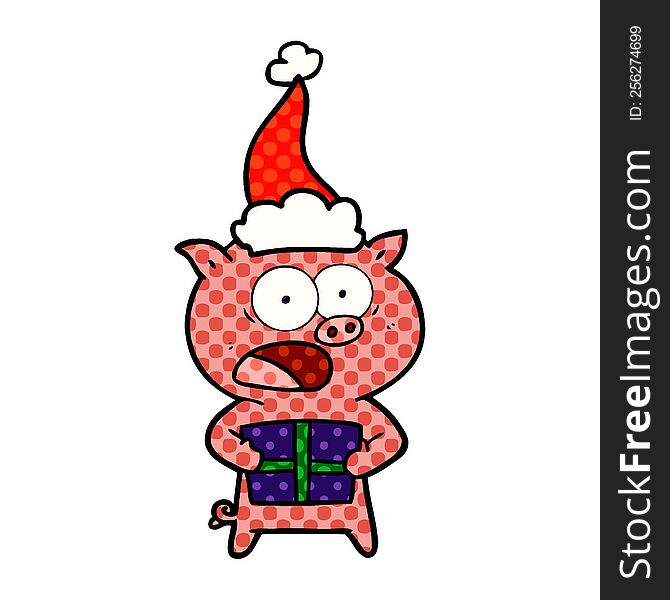 hand drawn comic book style illustration of a pig with christmas present wearing santa hat