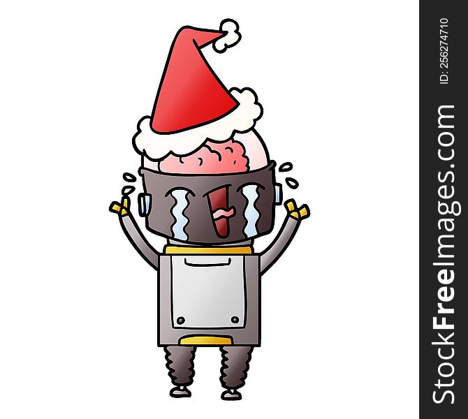 Gradient Cartoon Of A Crying Robot Wearing Santa Hat