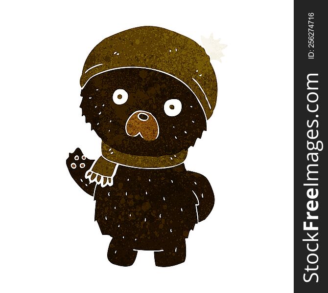 cartoon cute black bear in winter hat and scarf