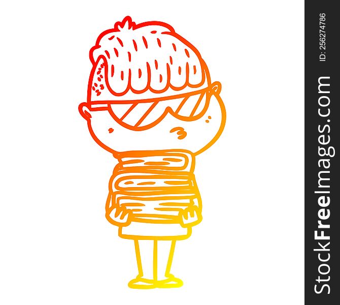 Warm Gradient Line Drawing Cartoon Boy Wearing Sunglasses With Stack Of Books