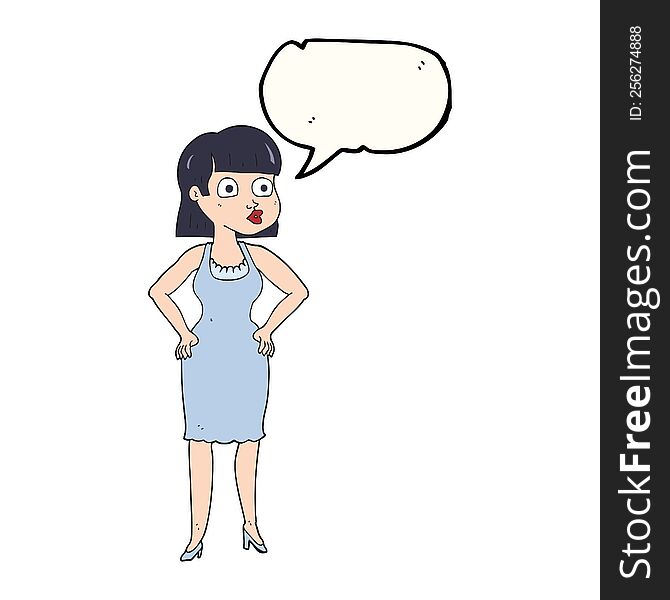 freehand drawn speech bubble cartoon woman with hands on hips