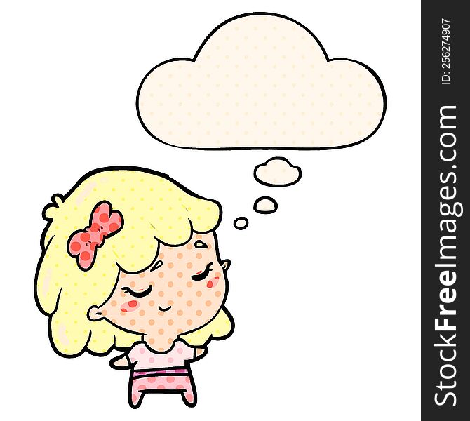 cartoon happy girl with thought bubble in comic book style