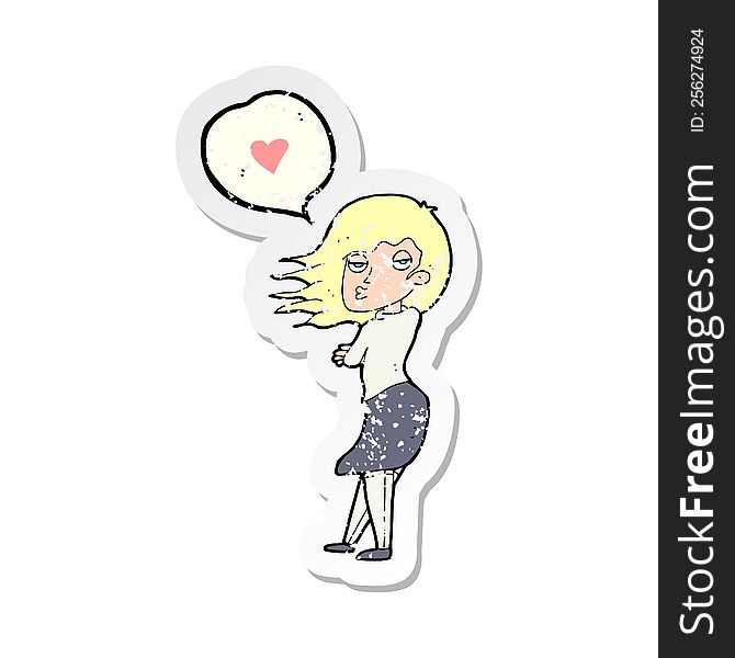 retro distressed sticker of a cartoon woman talking about love