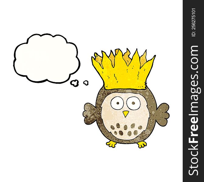 freehand drawn thought bubble textured cartoon owl wearing paper crown christmas hat
