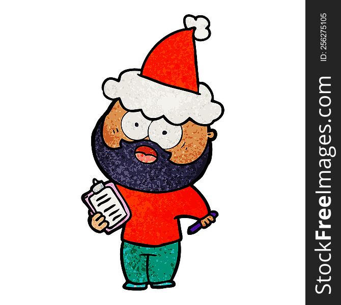 hand drawn textured cartoon of a bearded man with clipboard and pen wearing santa hat