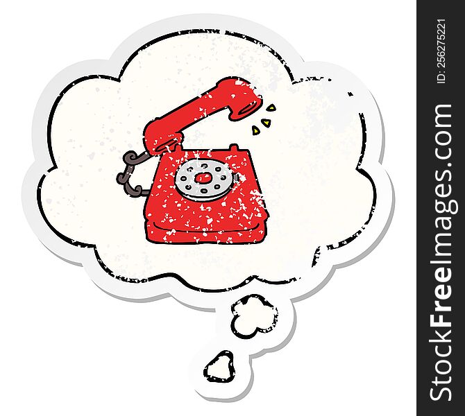 cartoon old telephone and thought bubble as a distressed worn sticker