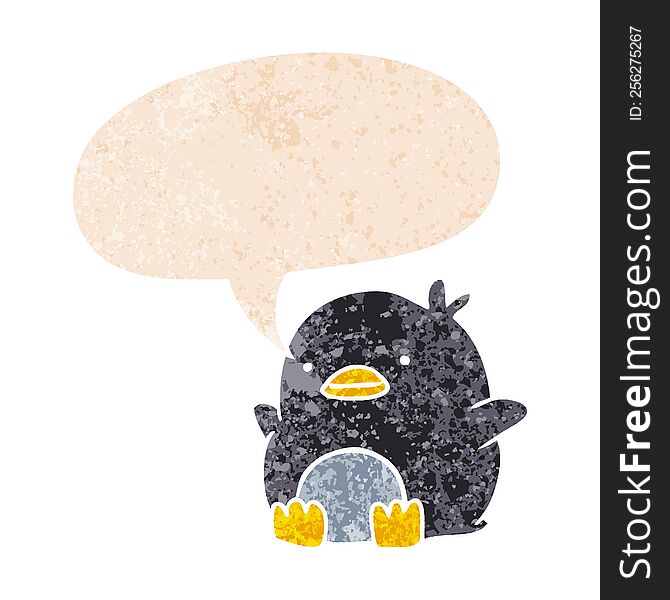 cute cartoon penguin and speech bubble in retro textured style