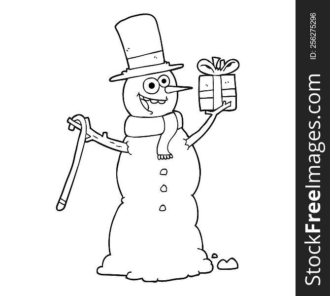 Black And White Cartoon Snowman Holding Present