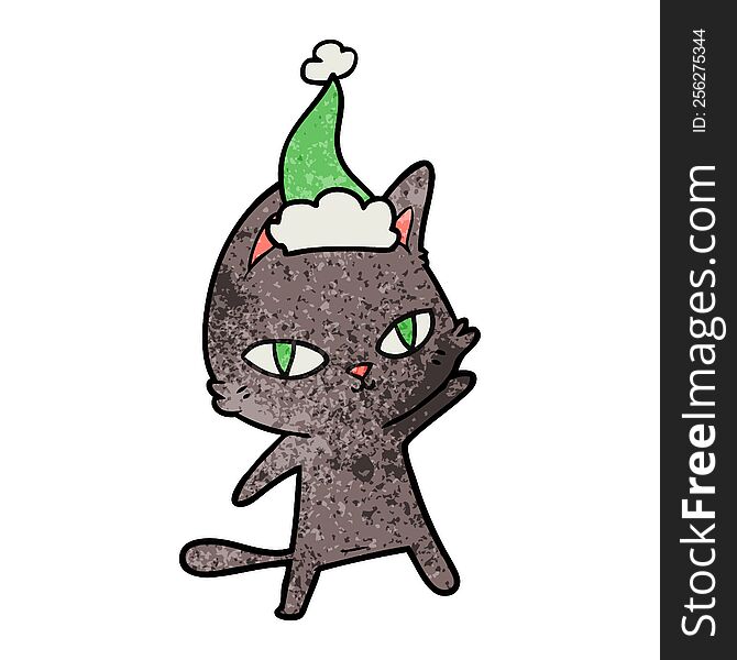 hand drawn textured cartoon of a cat staring wearing santa hat