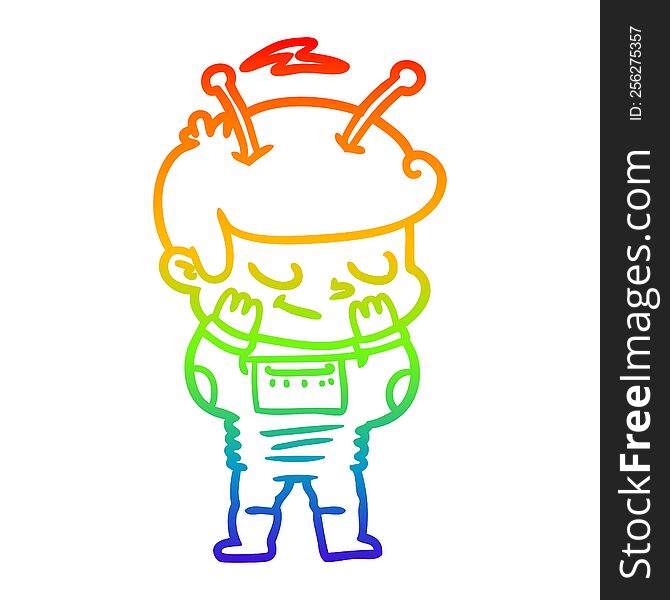 rainbow gradient line drawing of a bashful cartoon spaceman