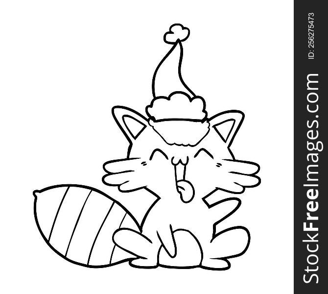 Cute Line Drawing Of A Raccoon Wearing Santa Hat