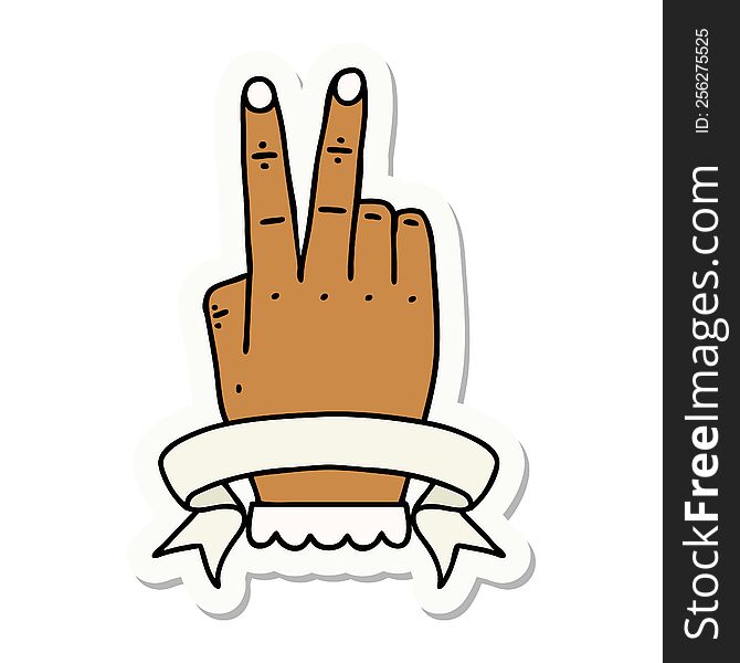 sticker of a victory v hand gesture with banner. sticker of a victory v hand gesture with banner