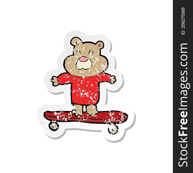 Retro Distressed Sticker Of A Cartoon Bear On Skateboard