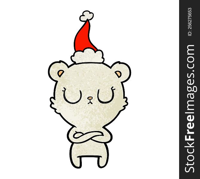 peaceful hand drawn textured cartoon of a polar bear wearing santa hat. peaceful hand drawn textured cartoon of a polar bear wearing santa hat
