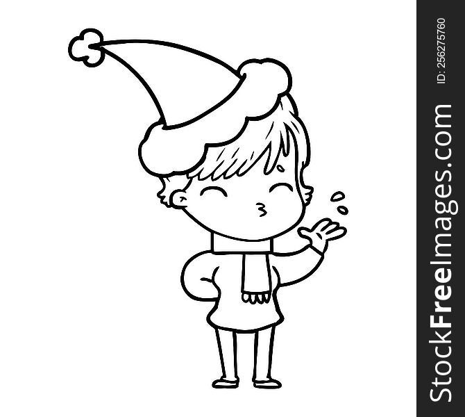 hand drawn line drawing of a woman thinking wearing santa hat