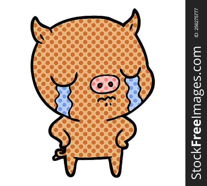 cartoon pig crying with hands on hips. cartoon pig crying with hands on hips