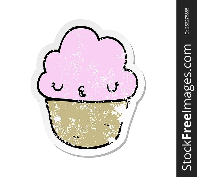 Distressed Sticker Of A Cartoon Cupcake With Face