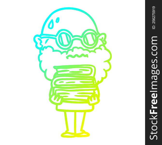 cold gradient line drawing of a cartoon worried man with beard and stack of books