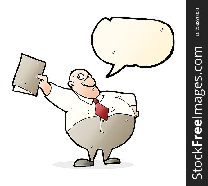 cartoon happy boss with file with speech bubble