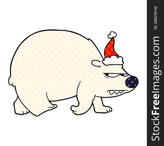 hand drawn comic book style illustration of a angry polar bear wearing santa hat