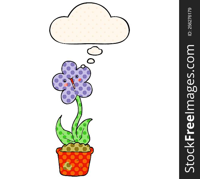 cute cartoon flower with thought bubble in comic book style