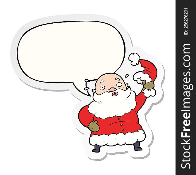 Cartoon Santa Claus Waving His Hat And Speech Bubble Sticker