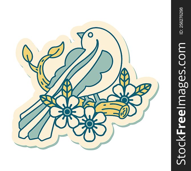 sticker of tattoo in traditional style of a bird on a branch. sticker of tattoo in traditional style of a bird on a branch