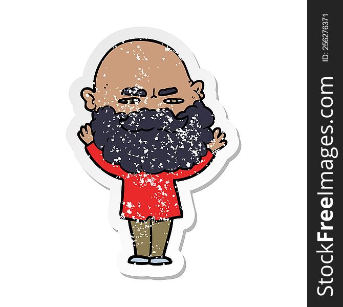 Distressed Sticker Of A Cartoon Man With Beard Frowning