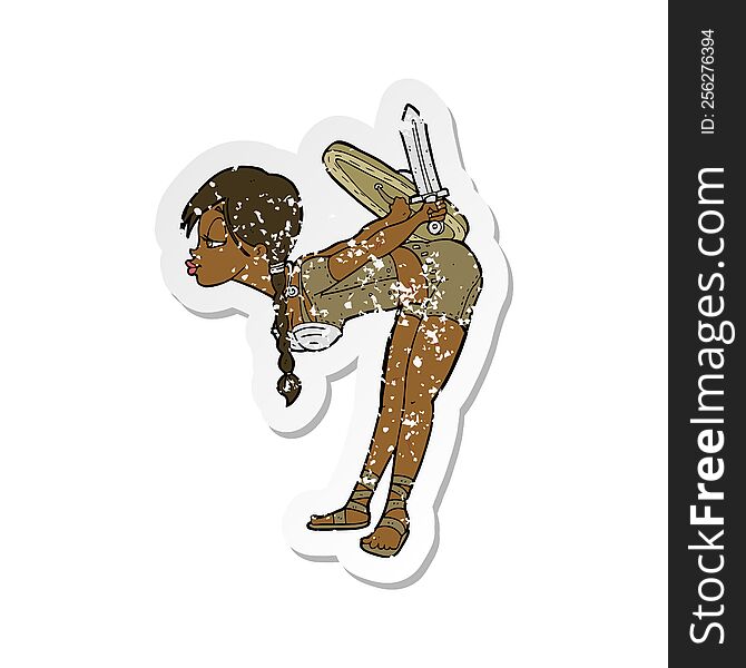 retro distressed sticker of a cartoon viking girl bowing