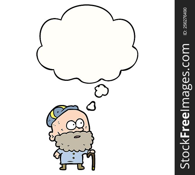 cartoon old man with walking stick with thought bubble