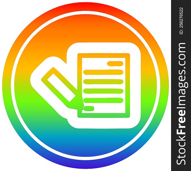 document and pencil circular icon with rainbow gradient finish. document and pencil circular icon with rainbow gradient finish